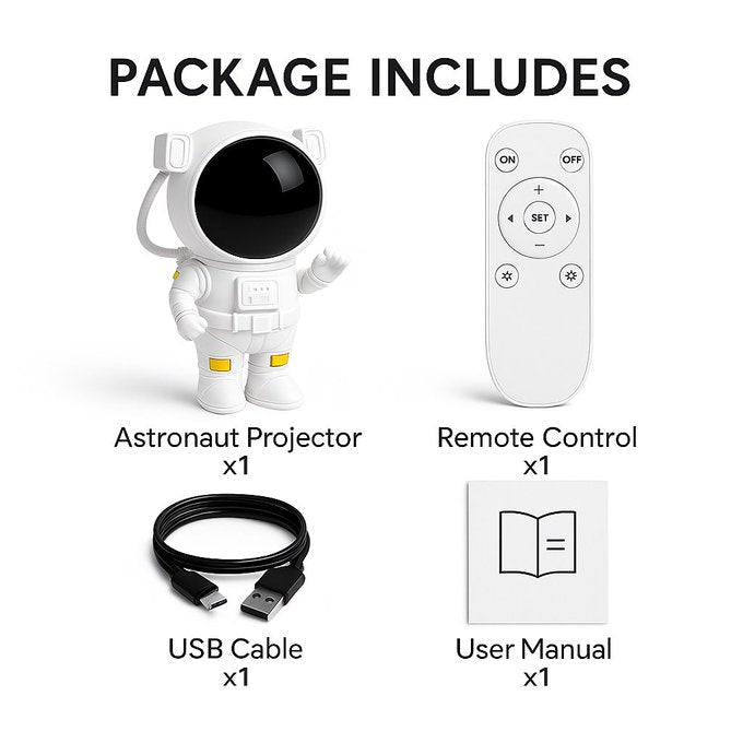 Full package of the premium astronaut galaxy projector including the projector unit, remote control, USB cable, and user manual – everything you need for an immersive cosmic lighting experience