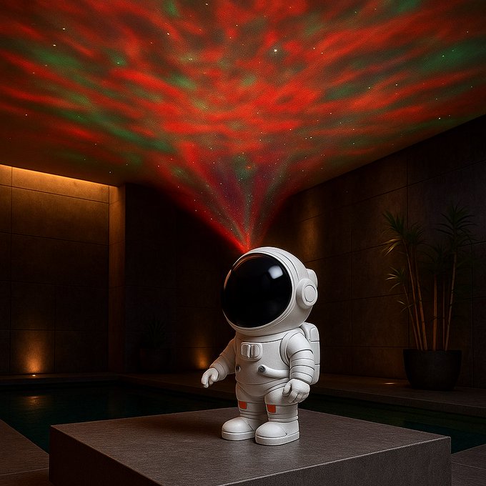 Lifestyle image of Astronaut Galaxy Projector displaying red and green nebula lights in a luxury living room – premium
