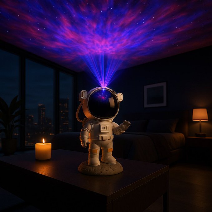 Luxury astronaut galaxy projector creating immersive nebula and starry sky effects in a modern bedroom, living room, or any relaxing space – premium lifestyle lighting