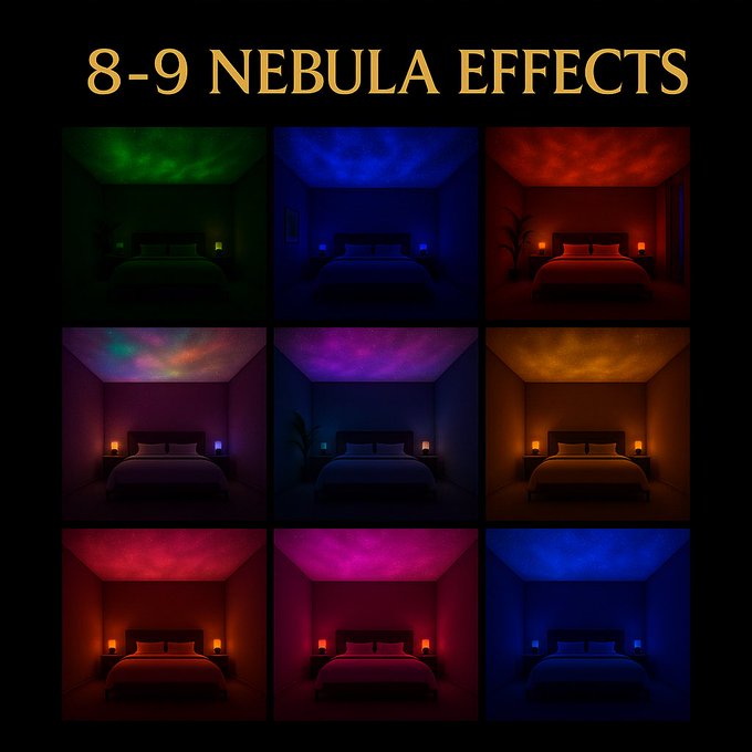 Luxury galaxy projector displaying 8-9 nebula color effects in a modern bedroom: emerald green, deep blue, ruby red, multicolor rainbow, fuchsia neon, golden yellow, and light blue

