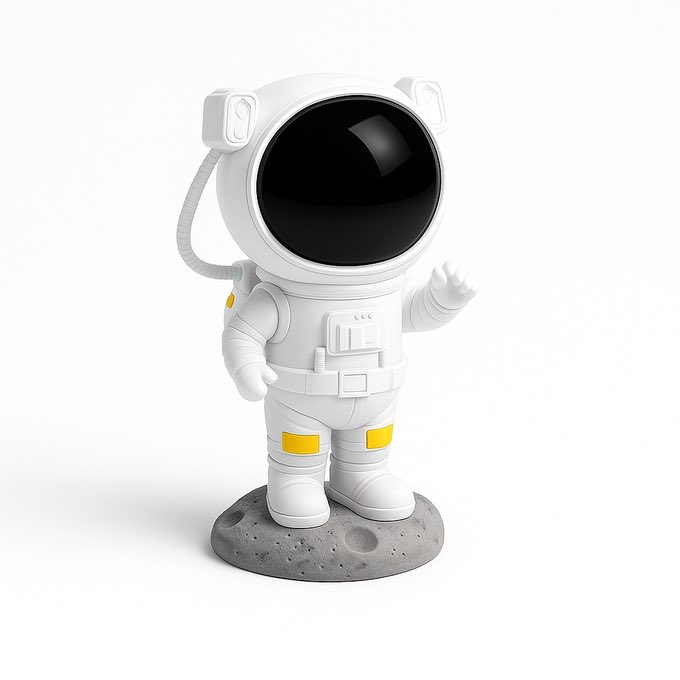 Sleek astronaut-shaped galaxy projector showcased on a lunar base stand, minimalist packshot highlighting its premium design and modern lifestyle appeal