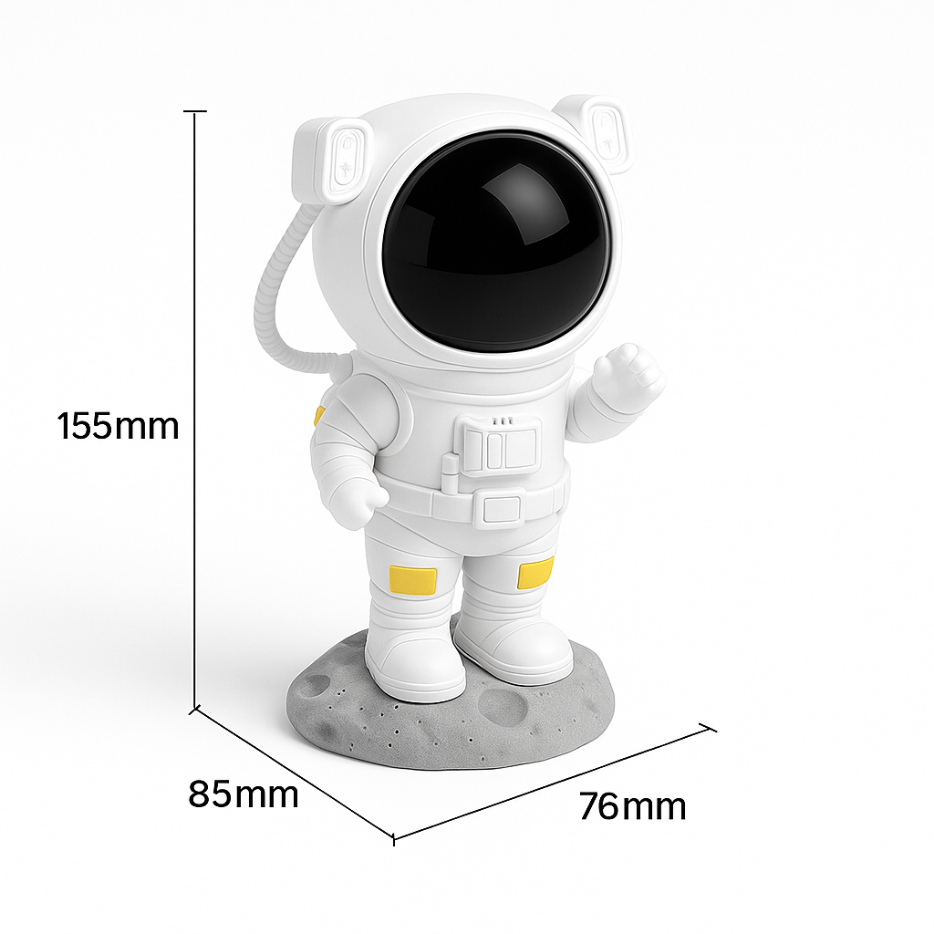 Premium astronaut galaxy projector displayed with precise product dimensions for a clear view of its compact and stylish design – perfect for modern interiors