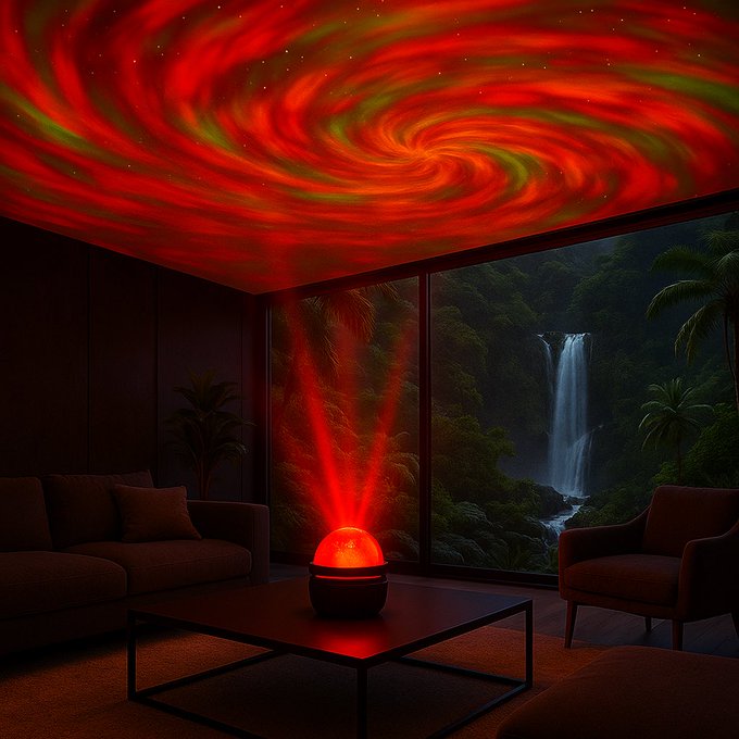 Premium spherical galaxy projector with red ruby and emerald green spiral light effect on the ceiling in a modern living room with jungle and waterfall view
