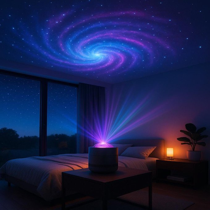 Projecteur galaxie multicolore projetant des lumières bleues, roses, violettes et vertes sur le plafond d’une chambre élégante, créant une ambiance magique et immersive.