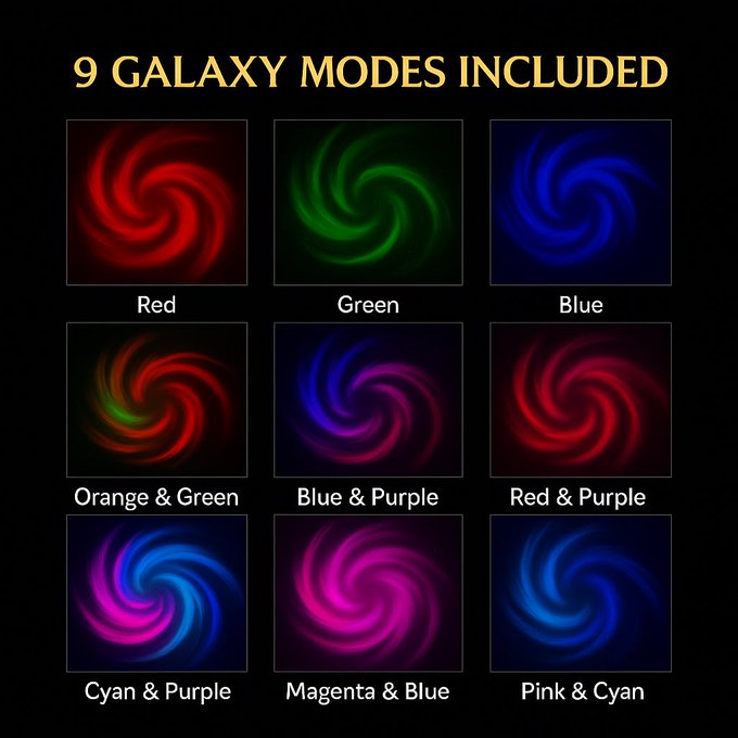Galaxy projector with 9 light modes including red, green, blue, orange, purple, cyan, magenta and pink color combinations