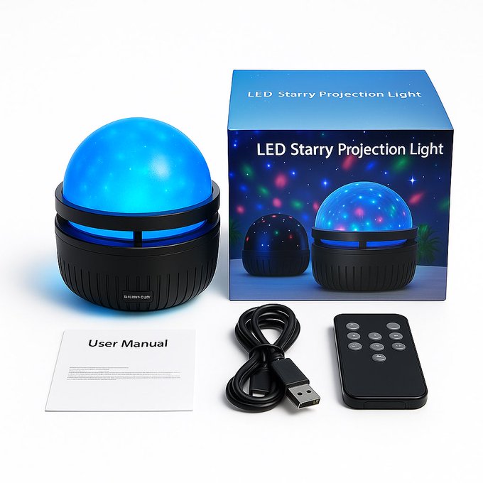Galaxy projector box content including projector, remote control, USB cable, user manual and packaging