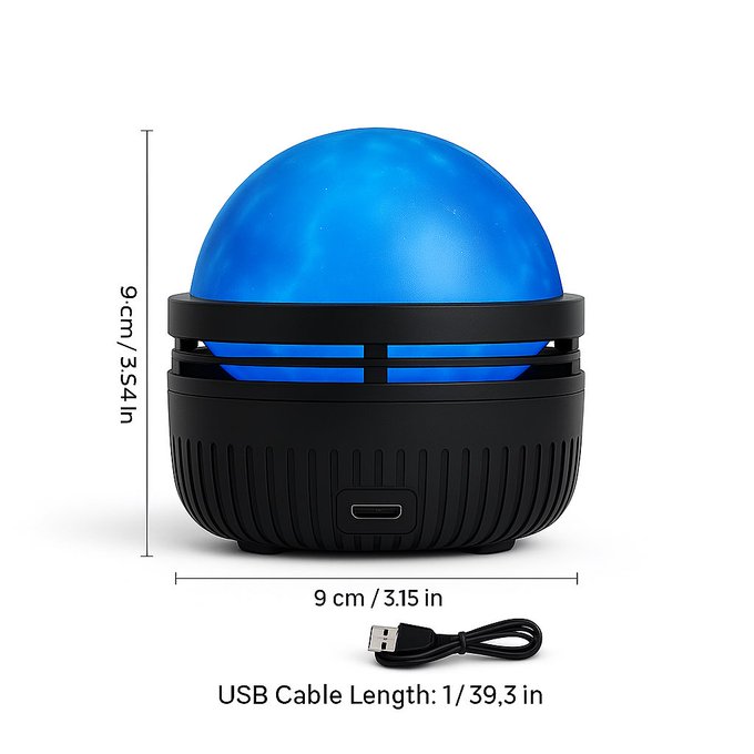 Galaxy projector dimensions and scale with height, width and 1 meter USB cable – product size guide