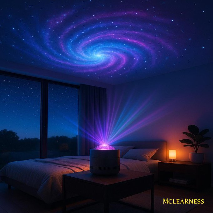 Luxury galaxy projector creating a stunning cosmic sky effect in a modern bedroom – immersive lifestyle lighting